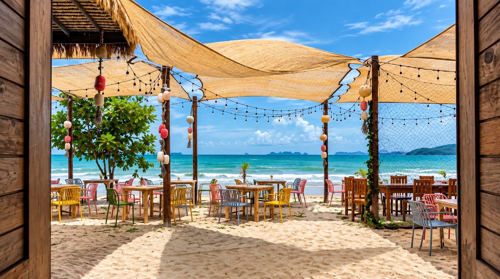 A view through Tienhomm to shaded beachfront tables and the sea